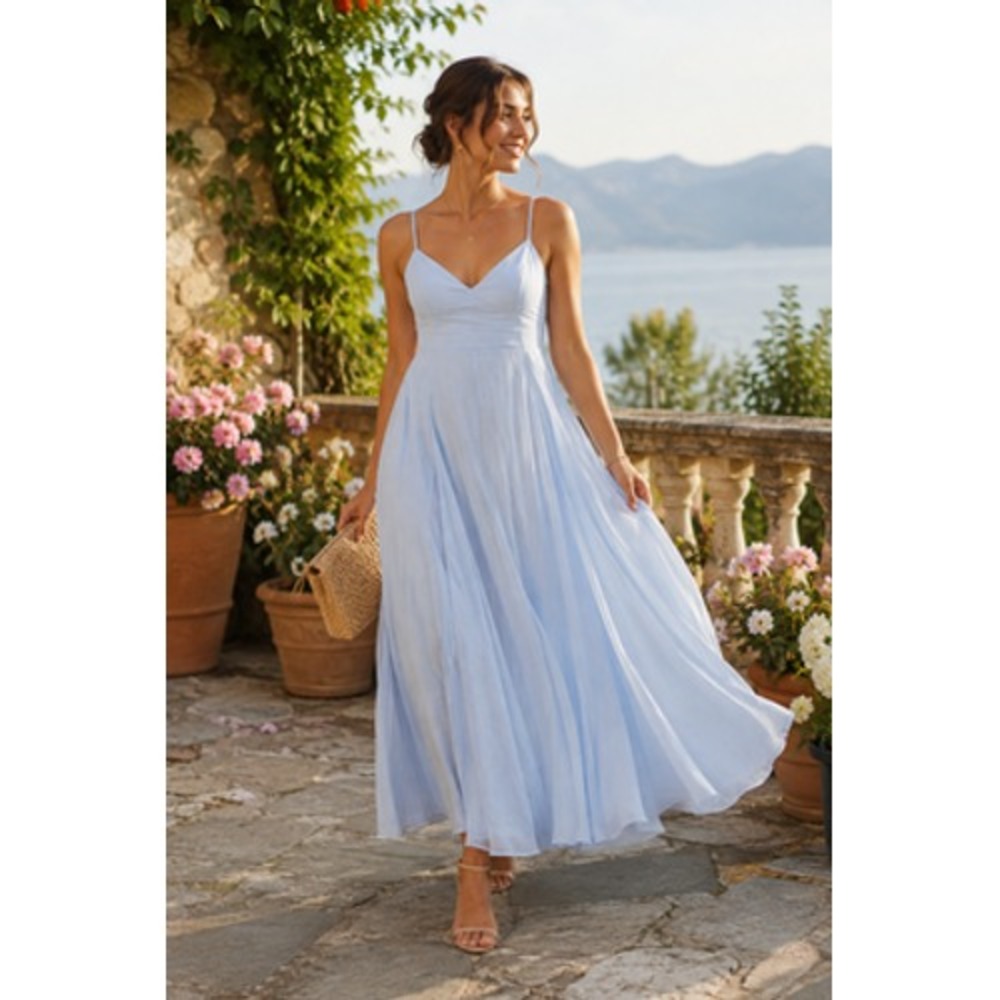 Gianni Bini Blue Lyocell Maxi Dress Womens 10 Spaghetti Strap Flowy Sundress